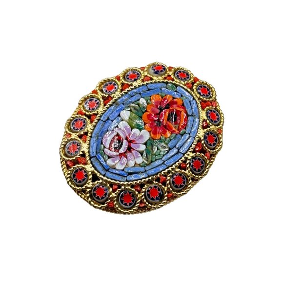 Italian Mosaic Pin Brooch Red and Blue Colors Roses Flowers Design Oval Shaped - Picture 1 of 6